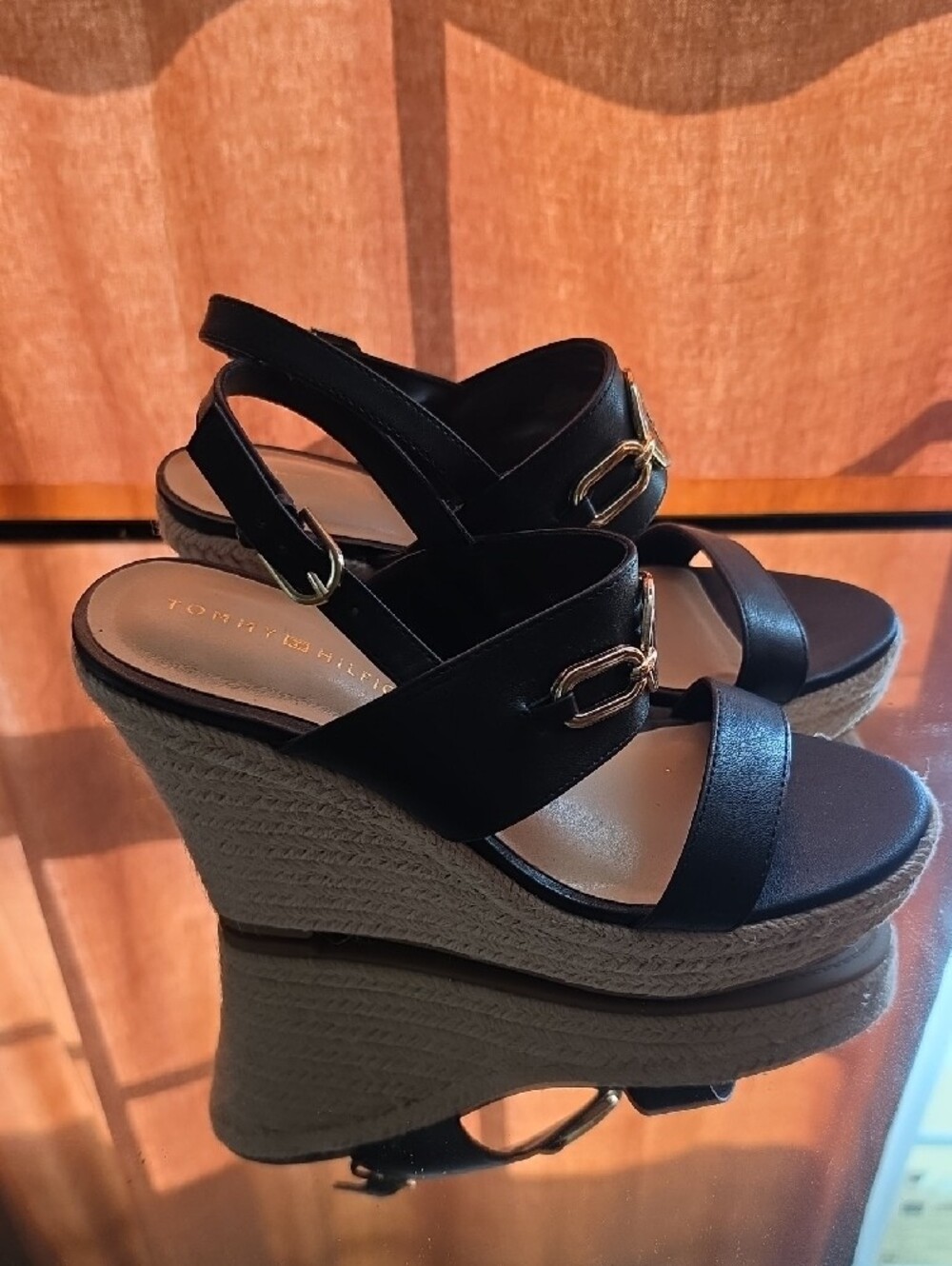 Tommy Hilfiger Black Wedge Espadrille Sandals with Gold Logo - Picture 2 of 4